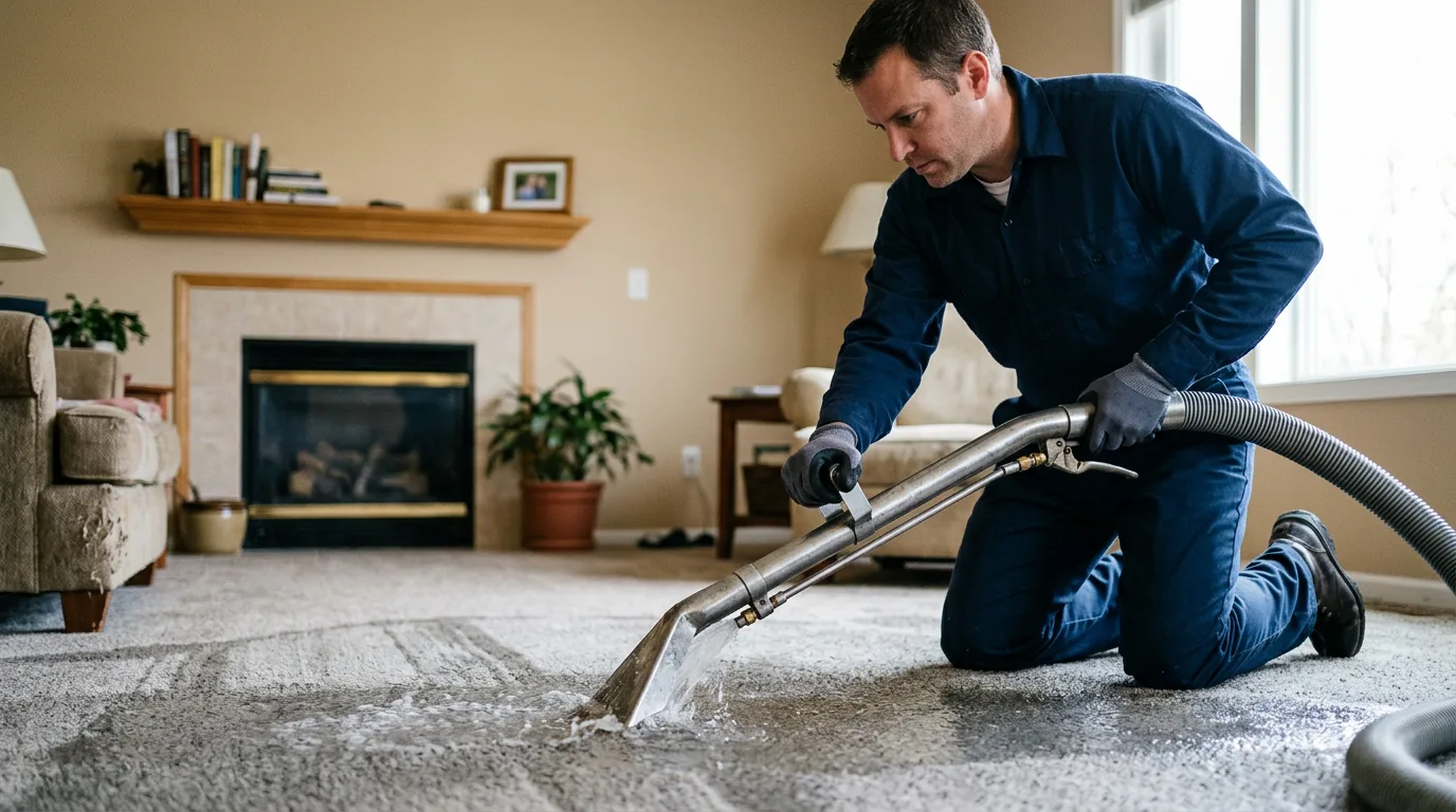 Water damage restoration technician working near Kinsley, KS